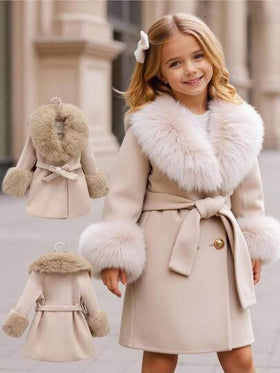 SHEIN معطف صوفي بلون أحادي للفتيات مع طوق من فرو اصطناعي، ملابس خريفية وشتوية للنساء