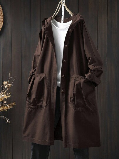 SHEIN LUNE معطف كاجوال طويل مقنع مع جيوب كبيرة للمقاسات الكبيرة