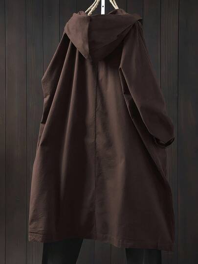 SHEIN LUNE معطف كاجوال طويل مقنع مع جيوب كبيرة للمقاسات الكبيرة