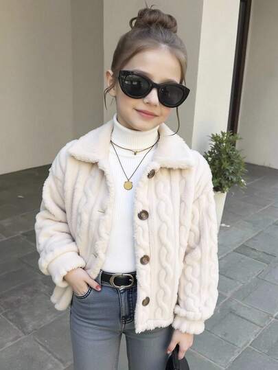 SHEIN معطف طويل الأكمام قابل للعكس بلون بيج ثابت، مناسب للارتداء اليومي الكاجوال في فصلي الخريف والشتاء، للعودة إلى المدرسة، للبنات في فصل الشتاء، للأم والابنة المتطابقة، معطف فرو أنيق للأم والابنة في فصل الخريف