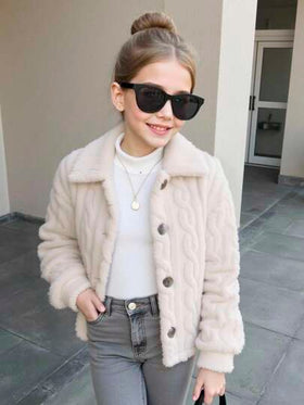 SHEIN معطف طويل الأكمام قابل للعكس بلون بيج ثابت، مناسب للارتداء اليومي الكاجوال في فصلي الخريف والشتاء، للعودة إلى المدرسة، للبنات في فصل الشتاء، للأم والابنة المتطابقة، معطف فرو أنيق للأم والابنة في فصل الخريف