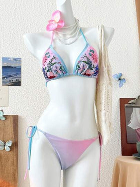 Swim Mod بيكيني مثلث مطرز بالخرز ذو طبعة زهور أومبير، بلا أكتاف، ملابس سباحة نسائية جديدة للصيف، ملابس شاطئ وعطلات