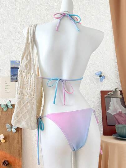 Swim Mod بيكيني مثلث مطرز بالخرز ذو طبعة زهور أومبير، بلا أكتاف، ملابس سباحة نسائية جديدة للصيف، ملابس شاطئ وعطلات