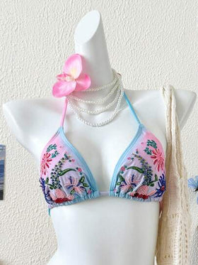 Swim Mod بيكيني مثلث مطرز بالخرز ذو طبعة زهور أومبير، بلا أكتاف، ملابس سباحة نسائية جديدة للصيف، ملابس شاطئ وعطلات
