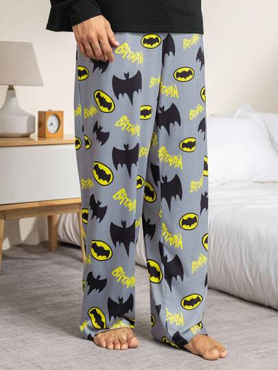 BATMAN X SHEIN بيجامة رجالية مكونة من ملابس علوية كم طويل وبنطلون مطبوع عليها خفافيش، قياس فضفاض، ملائمة للربيع/الخريف والشتاء