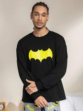 BATMAN X SHEIN بيجامة رجالية مكونة من ملابس علوية كم طويل وبنطلون مطبوع عليها خفافيش، قياس فضفاض، ملائمة للربيع/الخريف والشتاء