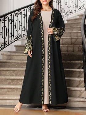 SHEIN Najma عباية أنيقة طويلة الأكمام للنساء ذوات الحجم الكبير، بطبعة أذن القمح الذهبية والزهور، مناسبة للربيع والخريف