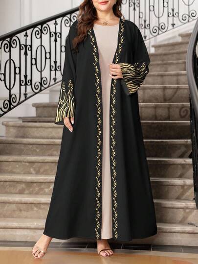 SHEIN Najma عباية أنيقة طويلة الأكمام للنساء ذوات الحجم الكبير، بطبعة أذن القمح الذهبية والزهور، مناسبة للربيع والخريف