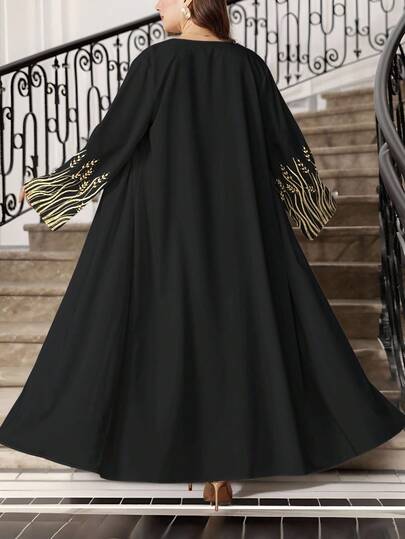 SHEIN Najma عباية أنيقة طويلة الأكمام للنساء ذوات الحجم الكبير، بطبعة أذن القمح الذهبية والزهور، مناسبة للربيع والخريف