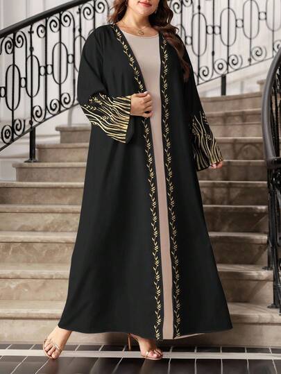 SHEIN Najma عباية أنيقة طويلة الأكمام للنساء ذوات الحجم الكبير، بطبعة أذن القمح الذهبية والزهور، مناسبة للربيع والخريف