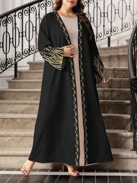 SHEIN Najma عباية أنيقة طويلة الأكمام للنساء ذوات الحجم الكبير، بطبعة أذن القمح الذهبية والزهور، مناسبة للربيع والخريف