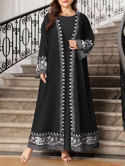 SHEIN Najma عبايات فستان ماكسي أنيق بطبعة البيزلي وياقة على شكل حرف V وأكمام طويلة، بأسلوب عربي أنيق، مقاسات كبيرة، للربيع والصيف