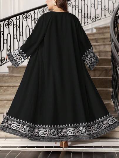 SHEIN Najma عبايات فستان ماكسي أنيق بطبعة البيزلي وياقة على شكل حرف V وأكمام طويلة، بأسلوب عربي أنيق، مقاسات كبيرة، للربيع والصيف