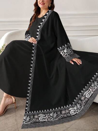 SHEIN Najma عبايات فستان ماكسي أنيق بطبعة البيزلي وياقة على شكل حرف V وأكمام طويلة، بأسلوب عربي أنيق، مقاسات كبيرة، للربيع والصيف