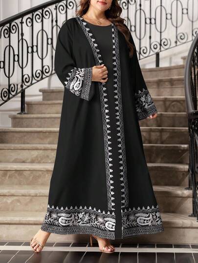 SHEIN Najma عبايات فستان ماكسي أنيق بطبعة البيزلي وياقة على شكل حرف V وأكمام طويلة، بأسلوب عربي أنيق، مقاسات كبيرة، للربيع والصيف