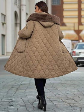 SHEIN معطف مبطن متوسط الطول مع طوق من الفرو للنساء ذوات الحجم الكبير