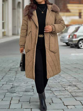 SHEIN معطف مبطن متوسط الطول مع طوق من الفرو للنساء ذوات الحجم الكبير