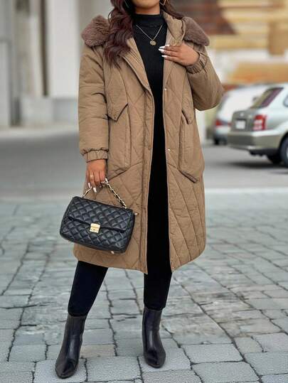 SHEIN معطف مبطن متوسط الطول مع طوق من الفرو للنساء ذوات الحجم الكبير