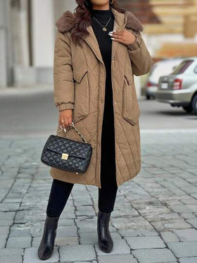SHEIN معطف مبطن متوسط الطول مع طوق من الفرو للنساء ذوات الحجم الكبير