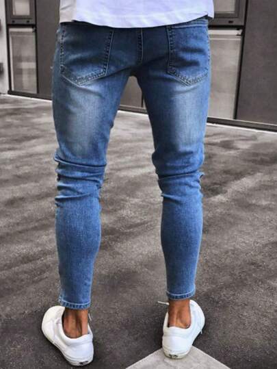 بنطلون جينز رجالي ضيق كاجوال مغسول مطرز ممزق الحافة، بطراز إيمو