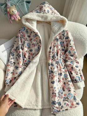 SHEIN معطف طويل الأكمام قابل للعكس بطبعة زهور وفرو اصطناعي مناسب للبنات للخريف/الشتاء، معطف متوسط الطول يمكن ارتداؤه مع الفساتين والسترات والبلوزات ذات الياقة العالية والبنطلونات والتنانير