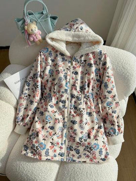 SHEIN معطف طويل الأكمام قابل للعكس بطبعة زهور وفرو اصطناعي مناسب للبنات للخريف/الشتاء، معطف متوسط الطول يمكن ارتداؤه مع الفساتين والسترات والبلوزات ذات الياقة العالية والبنطلونات والتنانير