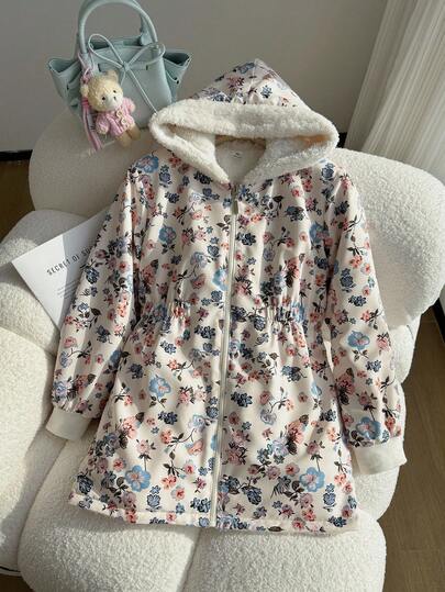 SHEIN معطف طويل الأكمام قابل للعكس بطبعة زهور وفرو اصطناعي مناسب للبنات للخريف/الشتاء، معطف متوسط الطول يمكن ارتداؤه مع الفساتين والسترات والبلوزات ذات الياقة العالية والبنطلونات والتنانير