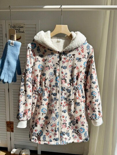 SHEIN معطف طويل الأكمام قابل للعكس بطبعة زهور وفرو اصطناعي مناسب للبنات للخريف/الشتاء، معطف متوسط الطول يمكن ارتداؤه مع الفساتين والسترات والبلوزات ذات الياقة العالية والبنطلونات والتنانير