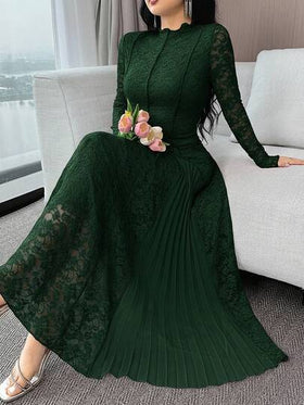 Feyla فستان نسائي أنيق بلون أحادي مع تصميم من الدانتيل