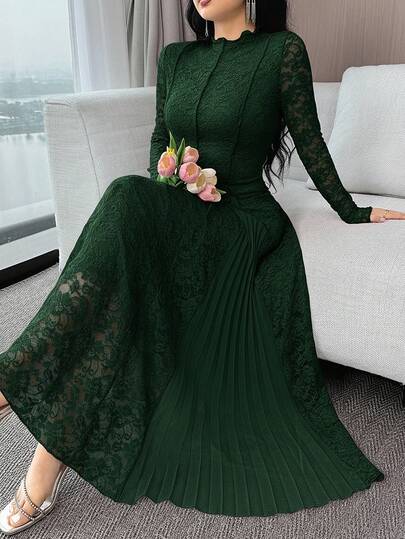 Feyla فستان نسائي أنيق بلون أحادي مع تصميم من الدانتيل