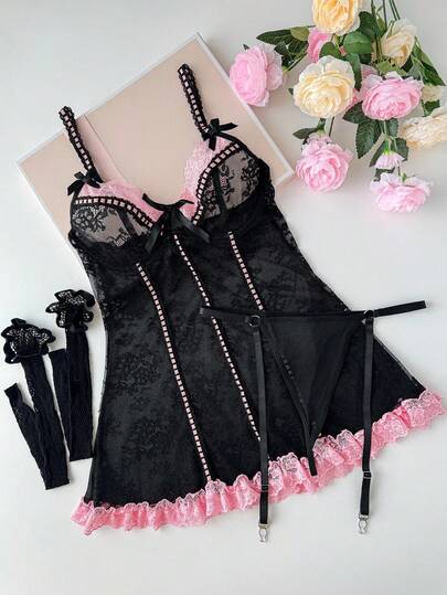 PetitDoll 4 قطع مجموعة ثوب نوم رومانسي مزين بالدانتيل والكشكشة للخروج