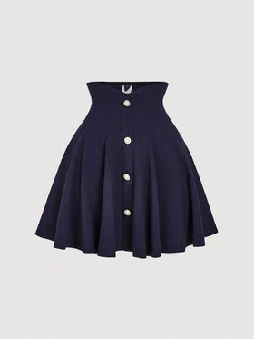 SHEIN MOD تنورة نسائية ذات خصر عالي بقصة مُنفرجة على الطراز القديم، بتزيين أزرار مزيفة من اللؤلؤ، مناسبة للمدرسة والمواعيد والحفلات والعطلات وحفلات الشاي وأعياد الميلاد
