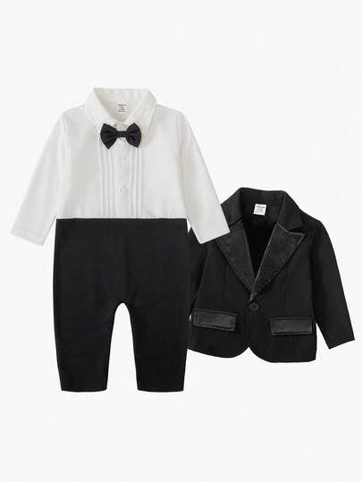 SHEIN مجموعة جاكيت ذات أكمام طويلة وجيب على الصدر وبنطلون ذيل لطفل صبي، بدلة رسمية أنيقة مناسبة لحفلات عيد الميلاد والزفاف والكريسماس وعيد الشكر وهالوين والمناسبات الرسمية، خريف/شتاء
