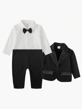 SHEIN مجموعة جاكيت ذات أكمام طويلة وجيب على الصدر وبنطلون ذيل لطفل صبي، بدلة رسمية أنيقة مناسبة لحفلات عيد الميلاد والزفاف والكريسماس وعيد الشكر وهالوين والمناسبات الرسمية، خريف/شتاء