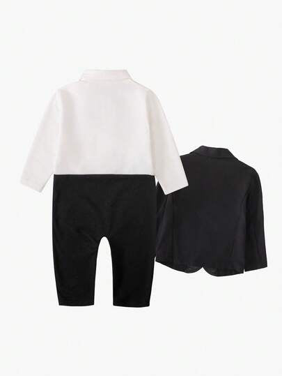 SHEIN مجموعة جاكيت ذات أكمام طويلة وجيب على الصدر وبنطلون ذيل لطفل صبي، بدلة رسمية أنيقة مناسبة لحفلات عيد الميلاد والزفاف والكريسماس وعيد الشكر وهالوين والمناسبات الرسمية، خريف/شتاء