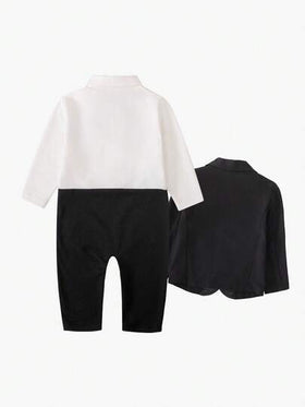 SHEIN مجموعة جاكيت ذات أكمام طويلة وجيب على الصدر وبنطلون ذيل لطفل صبي، بدلة رسمية أنيقة مناسبة لحفلات عيد الميلاد والزفاف والكريسماس وعيد الشكر وهالوين والمناسبات الرسمية، خريف/شتاء