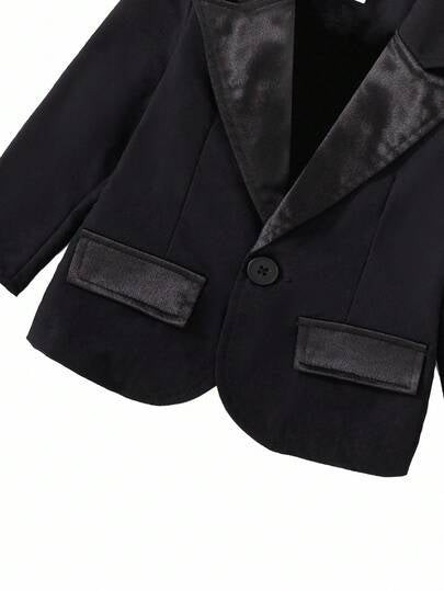 SHEIN مجموعة جاكيت ذات أكمام طويلة وجيب على الصدر وبنطلون ذيل لطفل صبي، بدلة رسمية أنيقة مناسبة لحفلات عيد الميلاد والزفاف والكريسماس وعيد الشكر وهالوين والمناسبات الرسمية، خريف/شتاء