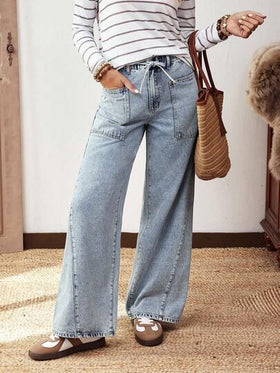 EMERY ROSE سراويل جينز نسائية ذات خصر مطاطي وسحاب واسعة الساق