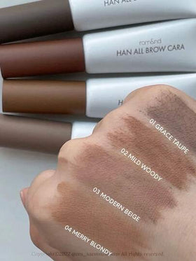 Rom&nd رومان كارا حواجب ALL BROW 01 GRACE TAUPE، لمسة خفيفة كالريش، نهاية مخملية باهتة، تقنية حواجب نباتية، نسيج شعر بني داكن، لمسة مخملية بلون الشاي الأخضر الباردة، ريشية بلون الكراميل الدافئ، طقم حواجب محمول، مكياج كوري، 9 جرام/0.32 أونصة