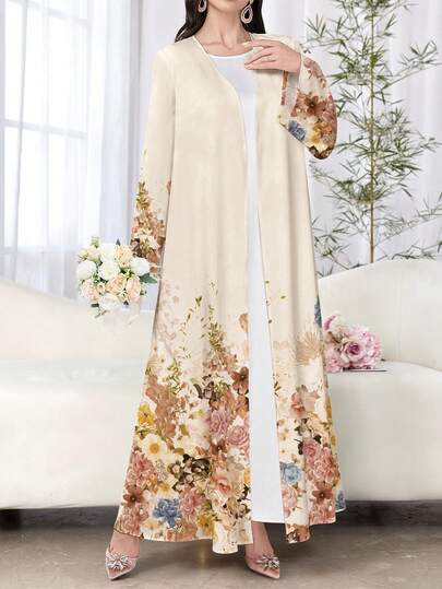 SHEIN Najma عباءة نسائية كاجوال بأكمام طويلة مطبوعة بزهور، مناسبة للربيع والخريف