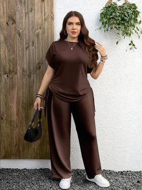 EMERY ROSE مجموعة كاجوال بلون بني داكن مناسبة للمقاسات الكبيرة، مناسبة للصيف 2 قطعة