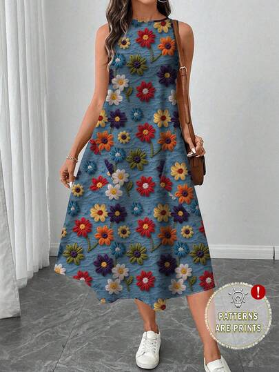 SHEIN LUNE فستان كاجوال متوسط الطول مطبوع، مناسب للربيع/الصيف، كاجوال