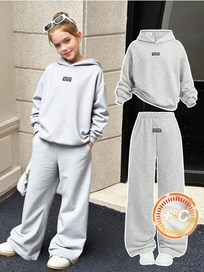 SHEIN مجموعة رياضية كاجوال رمادية للبنات المراهقات، طقم أسلوب رياضي للحرم الجامعي، مناسب للملابس اليومية للأطفال، العودة إلى المدرسة، حفل الافتتاح، الارتداء اليومي، المدرسة، السفر، الرياضة، خريف/شتاء، قطعتان/مجموعة