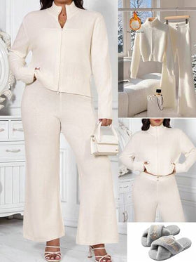 SHEIN Clasi بدلة كاجوال للمرأة البدينة تتكون من كارديجان محبوك بأكمام طويلة وسحاب أمامي وبنطال محبوك واسع، مناسبة للخريف والشتاء