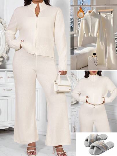 SHEIN Clasi بدلة كاجوال للمرأة البدينة تتكون من كارديجان محبوك بأكمام طويلة وسحاب أمامي وبنطال محبوك واسع، مناسبة للخريف والشتاء