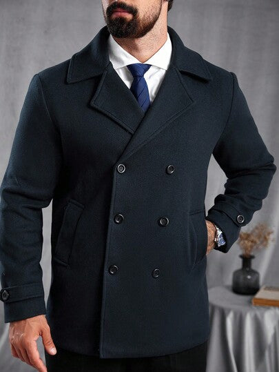Manfinity CasualCool معطف كاجوال طويل الأكمام ذو صدر مزدوج بياقة التقليب، لون أحادي، للخريف/الشتاء