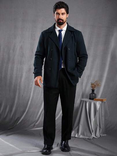 Manfinity CasualCool معطف كاجوال طويل الأكمام ذو صدر مزدوج بياقة التقليب، لون أحادي، للخريف/الشتاء