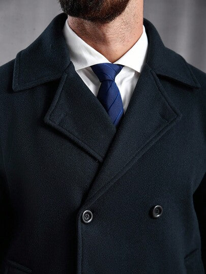 Manfinity CasualCool معطف كاجوال طويل الأكمام ذو صدر مزدوج بياقة التقليب، لون أحادي، للخريف/الشتاء
