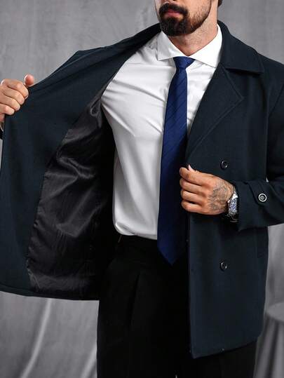 Manfinity CasualCool معطف كاجوال طويل الأكمام ذو صدر مزدوج بياقة التقليب، لون أحادي، للخريف/الشتاء