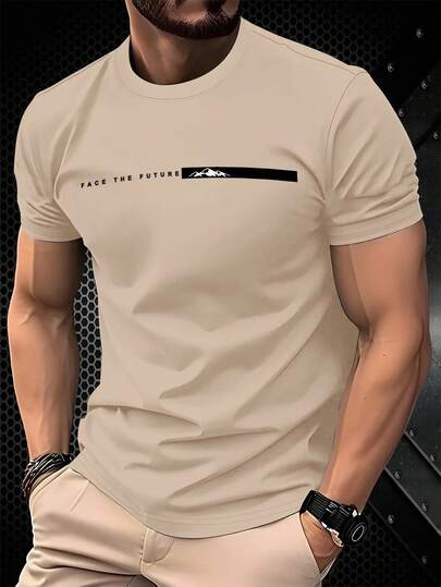 Manfinity Homme قميص تي شيرت كاجوال بأكمام قصيرة وفت ضيق للرجال، تي شيرت متعدد الاستخدامات بتصميم بسيط للمستقبل